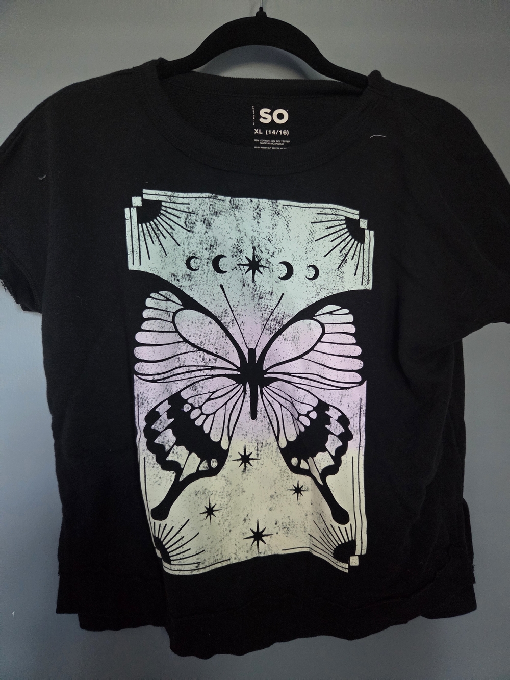 SO Black Tee with Pastel Gradient Butterfly Graphic